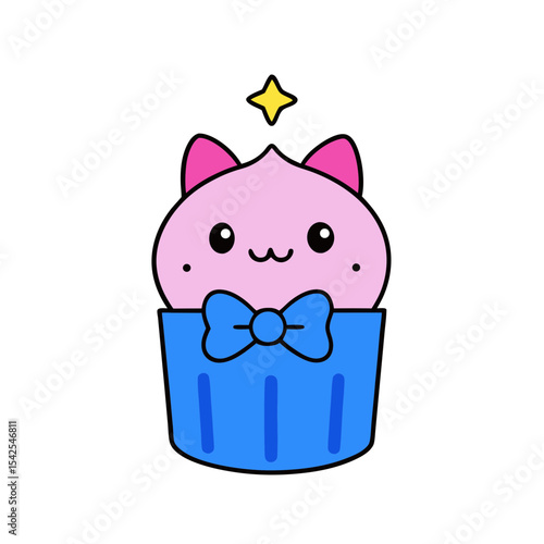 Kawaii Cupcake Cat with Rosy Cheeks and Bowtie