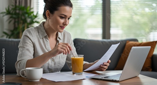 Woman reviewing documents at home office enjoying healthy juice near laptop