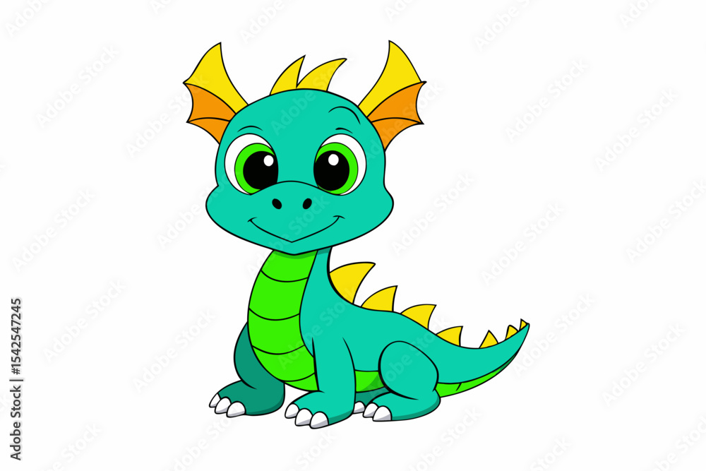 Fototapeta premium Adorable Cartoon Baby Dragon Sitting Green Yellow cartoon dragon