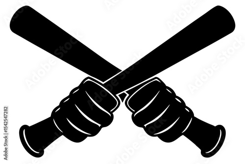 Black and White Graphic of Crossed Baseball Bats Held Firmly in Gloved Hands