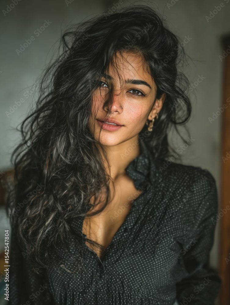 Moody Natural Portrait of Woman with Tousled Curls Moody Natural Portrait of Woman with Tousled Curls