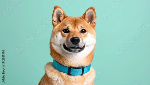 Joyful Shiba Inu Dog Portrait with Bright Smile on Teal Background