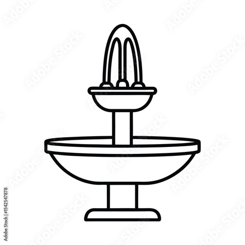 Public fountain with water basin detailed outline in line art Vector illustration