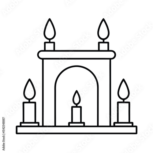 Fireplace mantle with candle holders clean line scene Vector illustration