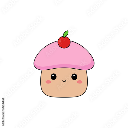 Kawaii Mushroom with Rosy Cheeks and Cherry
