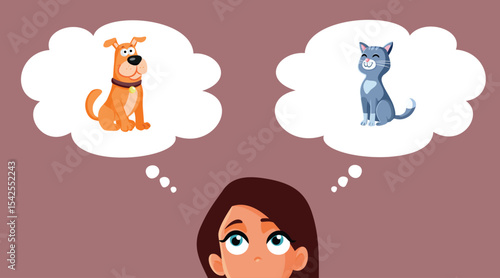 Woman Deciding Which Pet to Adopt Vector Cartoon Illustration. Indecisive person thinking about adoption of a dog or a cat