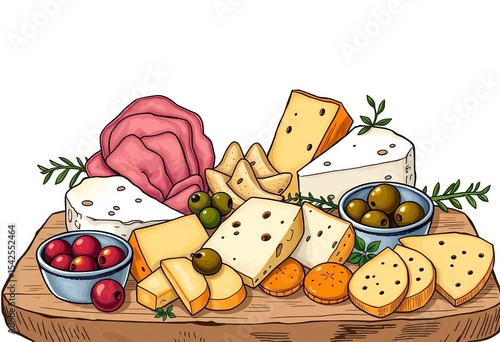 Hand-drawn vector illustration of a rustic charcuterie board featuring cheese, ham, olives, and other tapas appetizers,   restaurant menu,  meat
