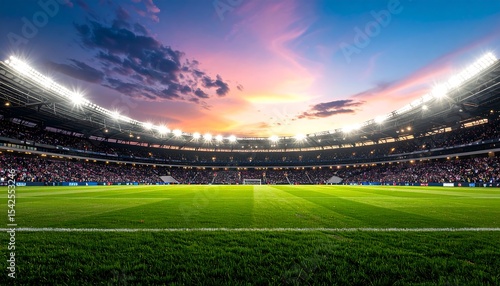 A packed stadium is illuminated by bright lights at dusk, with colorful sky in the background.