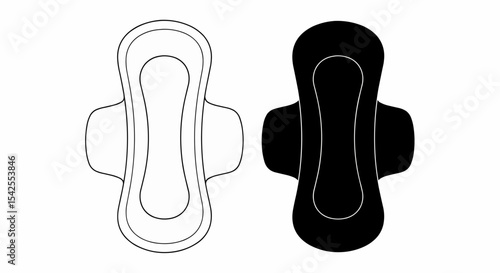 This high-quality vector image features two minimalist sanitary pad icons: a thin black outline and a solid black silhouette, both with hourglass shape and wings, all with fine details.
