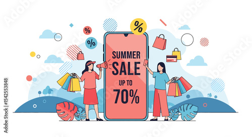 Adobe illustrator artwork vector illustration of a vibrant summer sale promotion with women holding shopping bags and a smartphone displaying discounts, ideal for e-commerce and retail marketing