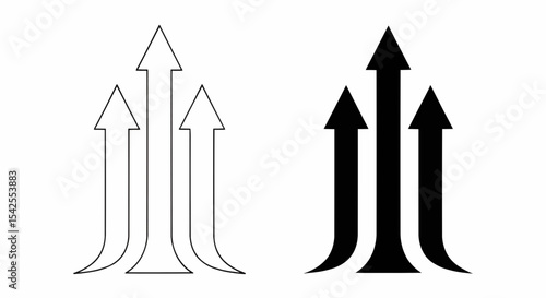 This high-quality vector image features two sets of three minimalist upward-pointing arrows: a thin black outline and a solid black silhouette, both with converging lines and fine details.