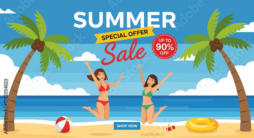 Adobe illustrator artwork vector illustration of joyful people on a sunny beach under palm trees, celebrating a "Summer Sale" with a special offer, perfect for holiday promotions