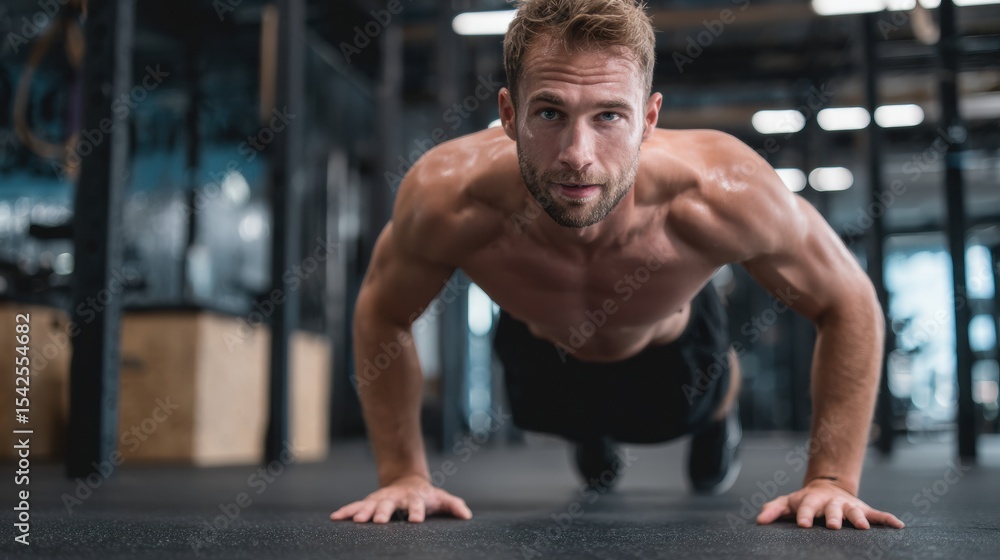 Obraz premium Fitness Starter Plan for Busy Men Focusing on Effective Push-Ups in an Urban Gym Setting