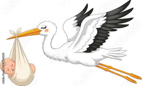 Watercolor illustration of a flying Stork carrying a newborn Baby in a soft cloth bundle. Drawing of bird with cute Infant for baby shower invitations or newborn party invitations in pastel colors.