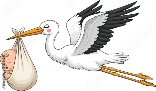 Watercolor illustration of a flying Stork carrying a newborn Baby in a soft cloth bundle. Drawing of bird with cute Infant for baby shower invitations or newborn party invitations in pastel colors.