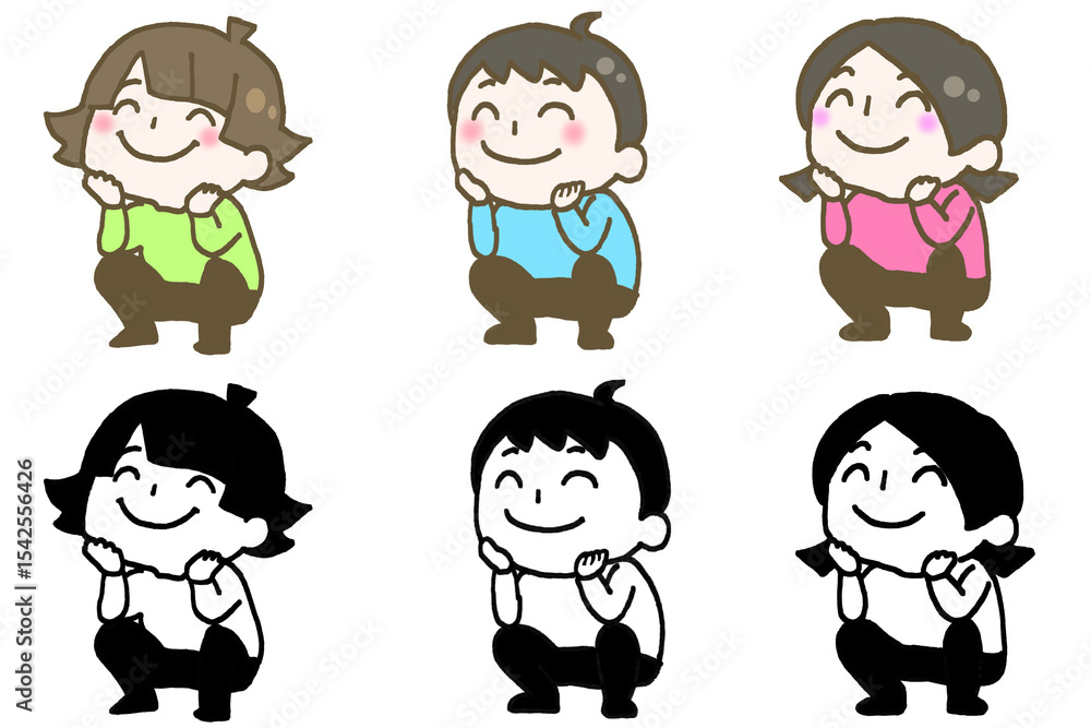 笑顔でしゃがみ頬杖をついている子ども 笑顔でしゃがみ頬杖をついている子ども