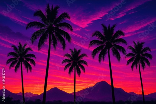 Stunning tropical sunrise with palm trees and mountains in vibrant retro-inspired color palette