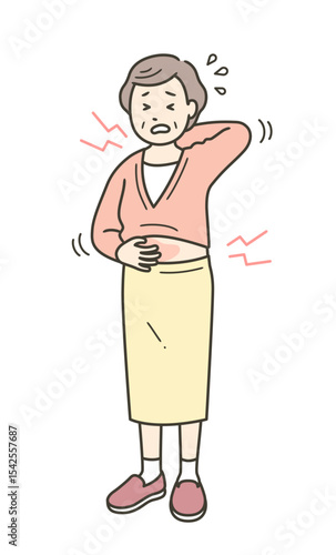 身体中が痒く顔をしかめる高齢女性の全身イラスト