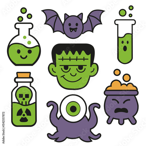 Spooky Halloween Icons with Potions and Monsters
