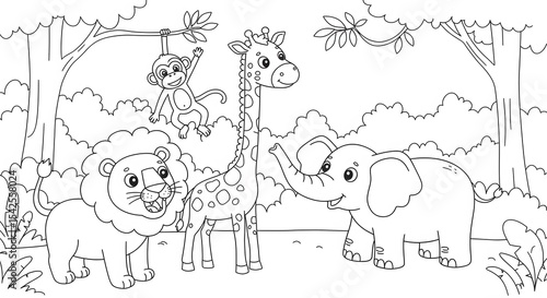 African Safari Animals Coloring Page Lion, Giraffe, Monkey, Elephant