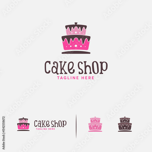 Design featuring a stylized cake, in variations of pink and brown, with the text "Cake Shop" in a friendly typeface. Different versions of the are shown.