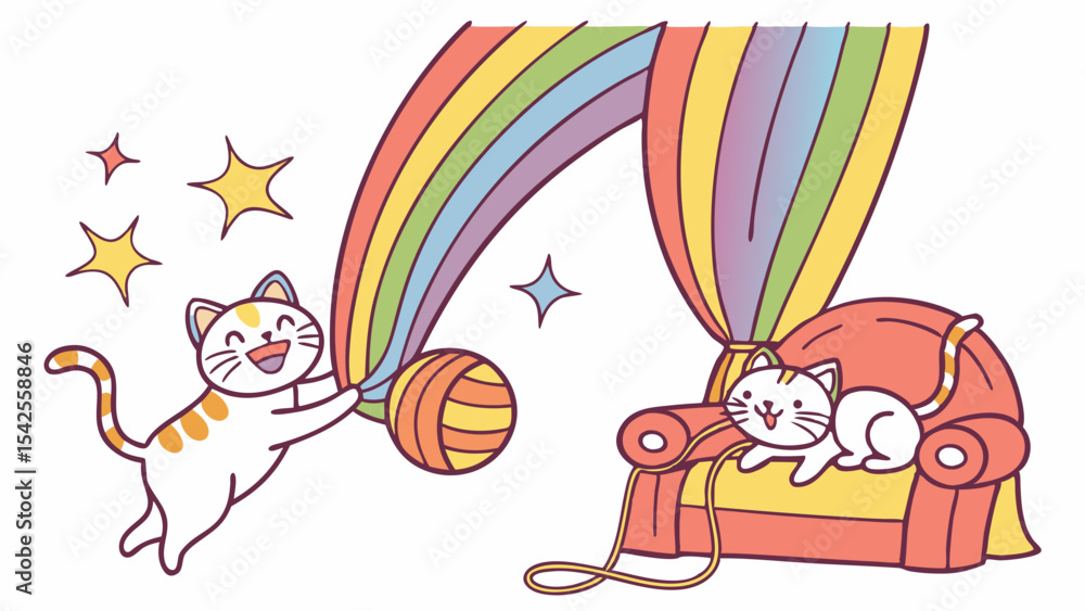 Fototapeta premium Vector cute cartoon cats playing with yarn ball and rainbow curtain vector illustration for kids and nursery decor
