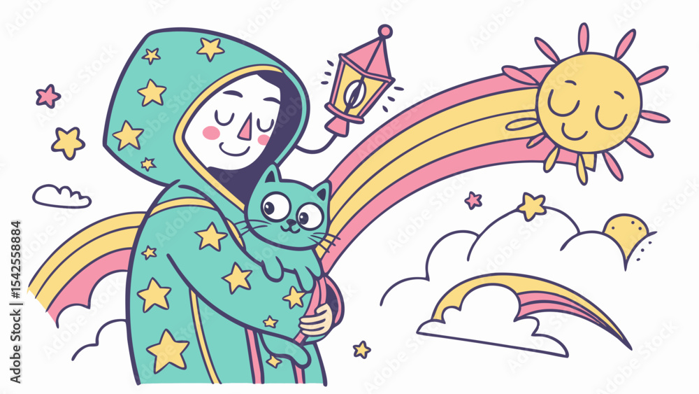 Fototapeta premium Vector cute cartoon illustration of girl holding cat with rainbow sun and stars vector graphic design art