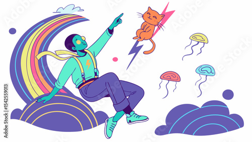 Vector colorful whimsical illustration of a man cat rainbow and jellyfish in a dreamlike fantasy scene art