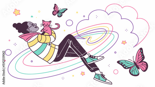 Vector illustration of woman with cat and butterflies in a dreamlike state for digital art and design projects
