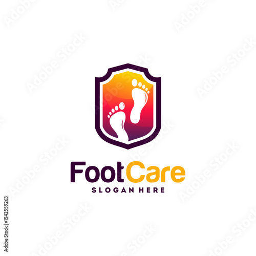 Colorful  design featuring footprints within a shield shape.