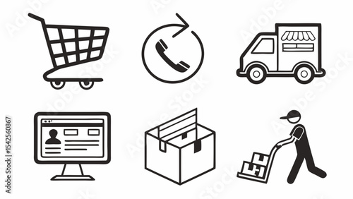 Streamlined E-commerce Icons Shopping Cart, Delivery, and Online Ordering