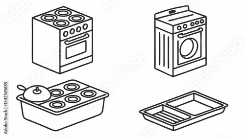 Kitchen Appliances Line Art Illustrations of Stove, Oven, and More