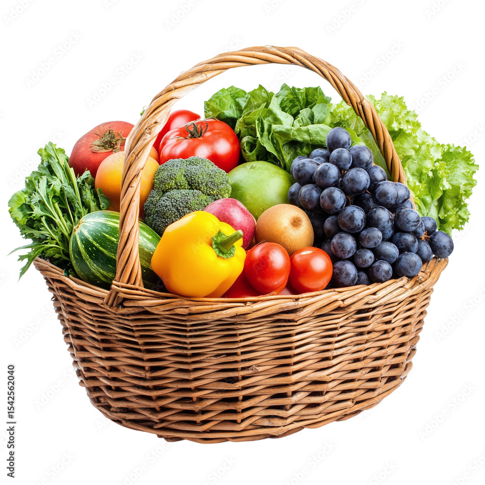 Basket full of fresh fruits and vegetables, isolated on transparent background. Basket full of fresh fruits and vegetables, isolated on transparent background.