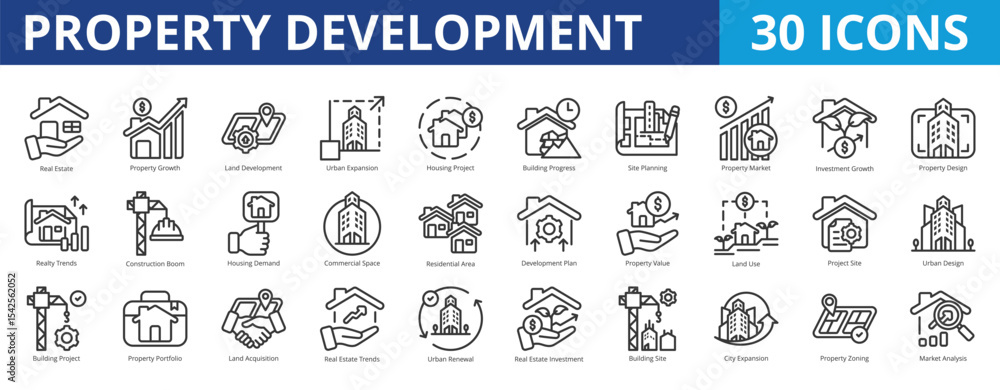 Property development icon pack collection set for real estate and commercial building. With development, marketing, growth, land, urban expansion, housing project, investment, site planning, design