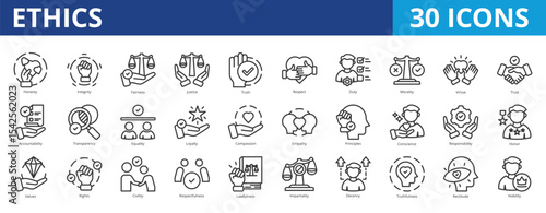 Ethics icon pack collection set for attitude and behaviour. With honesty, integrity, fairness, justice, truth, respect, duty, morality, virtue, trust, accountability, transparency, equality, honor