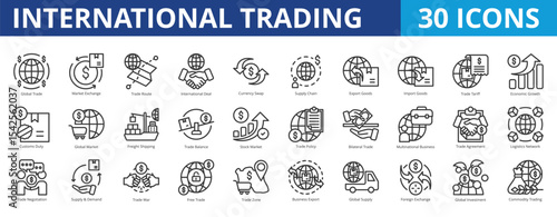 International trading icon pack collection set for export import of goods and services. With global trade, market exchange, trade route, international deal, currency swap, supply chain, logistics