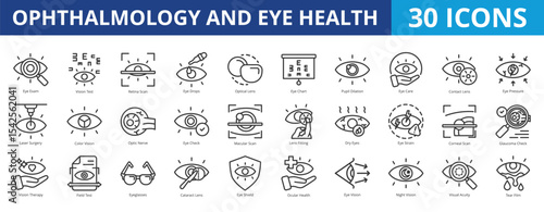Ophthalmology and eye health icon pack collection set for medical, diagnosis, and treatment. With eye exam, diseases, vision test, retina scan, laser surgery, care, optical lens, eye chart, glaucoma