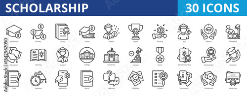 Scholarship icon pack collection set for academic and professional development. With education, bursary, grant, tuition, stipend, award, funding, aid, support, fellowship, training, learning, result