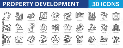 Property development icon pack collection set for real estate and commercial building. With development, marketing, growth, land, urban expansion, housing project, investment, site planning, design