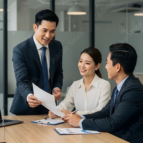 Three businesspeople in suits review papers in a modern office smiling and engaged at a table with documents and a laptop