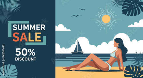Adobe illustrator artwork vector illustration of a woman relaxing on a beach at sunset, enjoying a drink under an umbrella, while a sailboat drifts by, advertising a "Summer Sale" with special offers