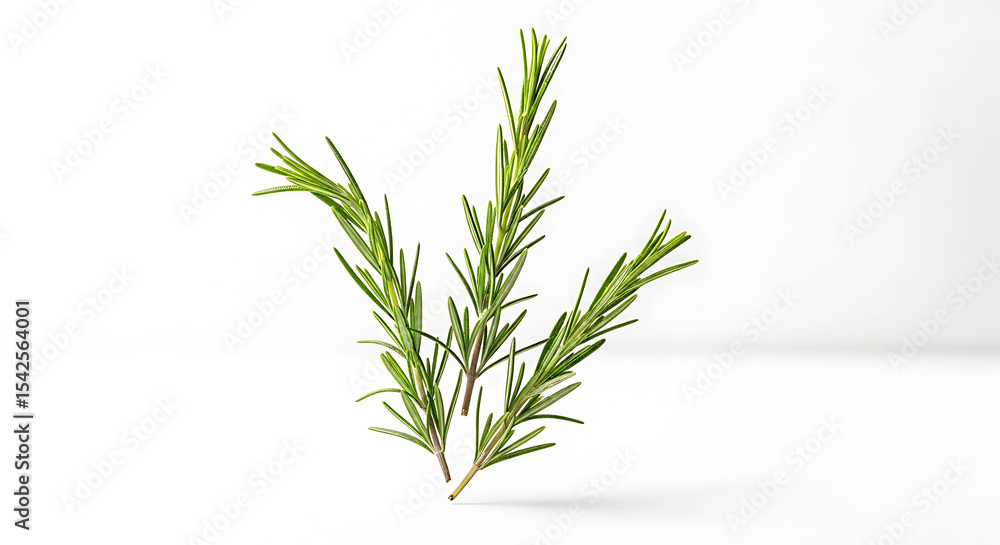 Close up of three sprigs of fresh rosemary herb isolated on a bright white background in studio light Close up of three sprigs of fresh rosemary herb isolated on a bright white background in studio light