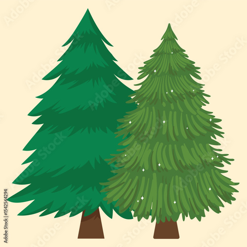 A festive illustration of two vibrant green pine trees, one adorned with subtle sparkles, perfect for holiday-themed designs