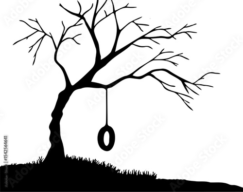 vector illustration silhouette of a used tire swing on a tree, isolated on white
