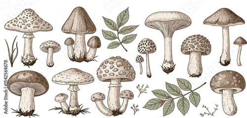 Mushrooms vector set. Hand drawn vector illustration of fungus in black and white colors. Drawing of boletus and fly agaric in line art style. Sketch of forest porcini and champignons group.