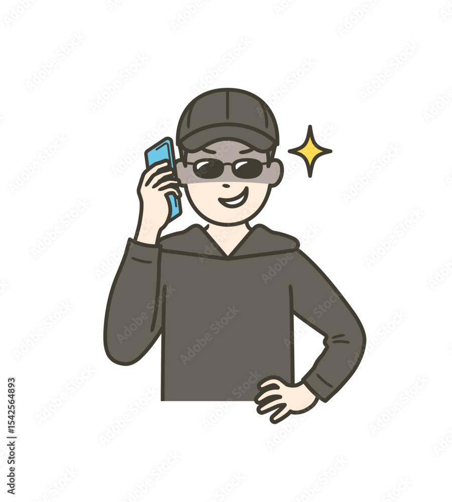 Obraz premium 闇バイトで振り込め詐欺やオレオレ詐欺の電話をしている男の上半身イラスト