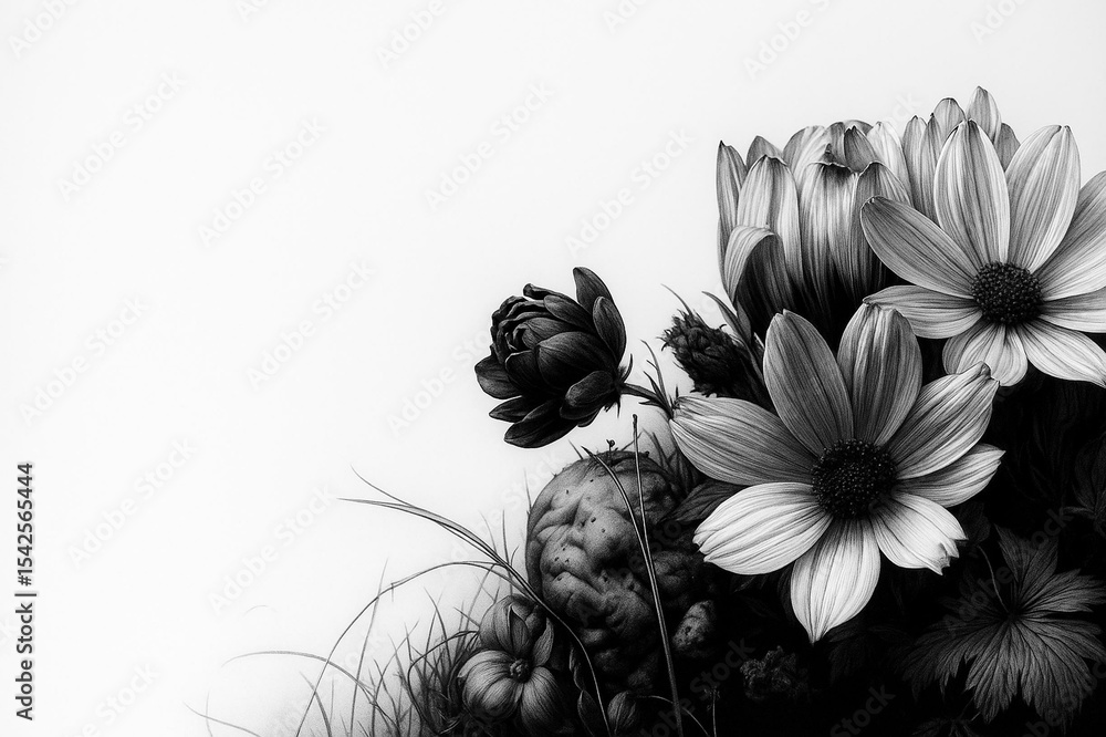 Black and white floral sketch with soft shading and detail Black and white floral sketch with soft shading and detail