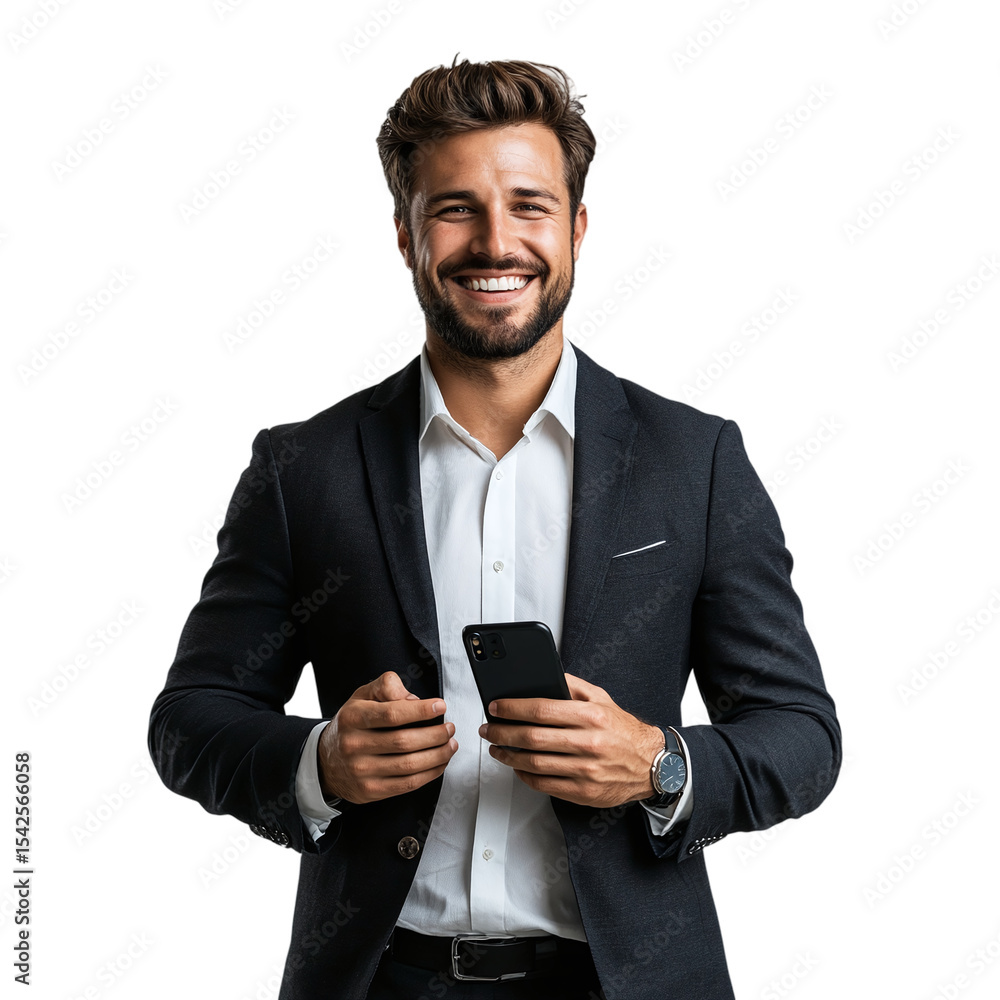 Portrait of a handsome businessman holding a phone and smiling, isolated on transparent background. Portrait of a handsome businessman holding a phone and smiling, isolated on transparent background.
