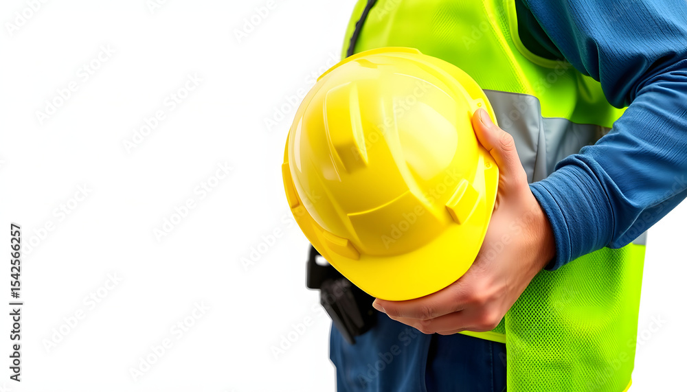 Safety officer holding hard hat isolated with white highlights, png. Highlighted by white Safety officer holding hard hat isolated with white highlights, png. Highlighted by white