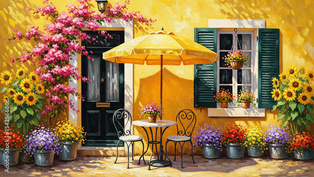 Obraz premium Charming Yellow Cottage with Flowers and Outdoor Bistro Set
